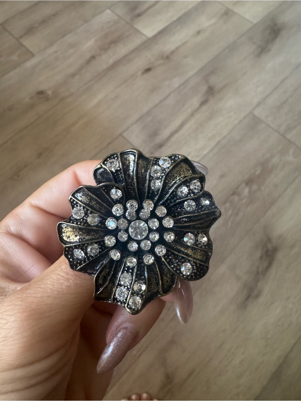 Black Crystal Flower Statement Ring - Unbranded